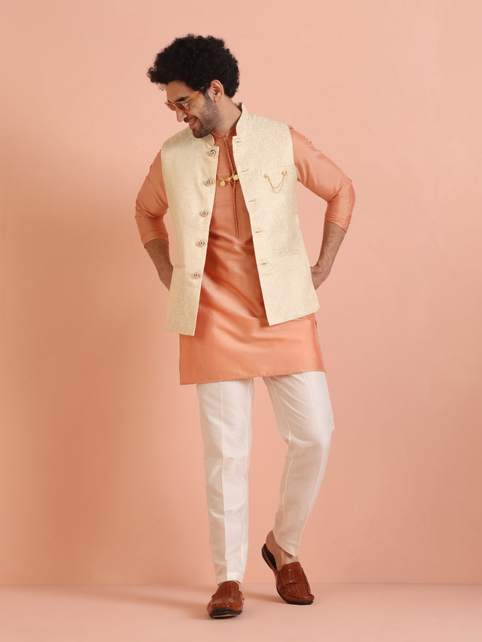 Cream Silk Blend Jacquard Nehru Jacket