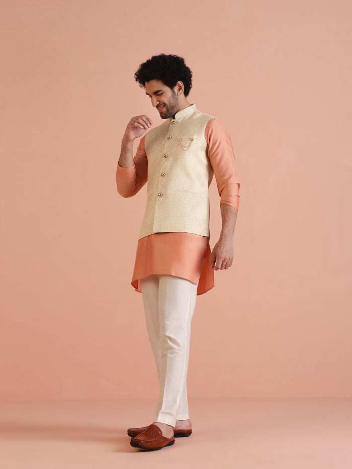 Cream Silk Blend Jacquard Nehru Jacket