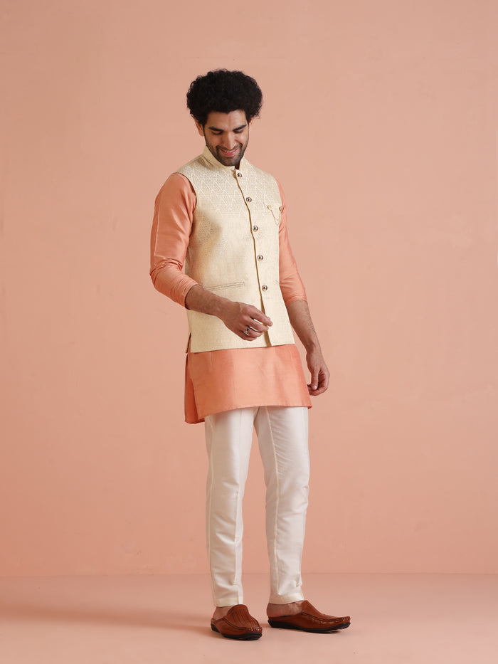 Cream Silk Blend Jacquard Nehru Jacket