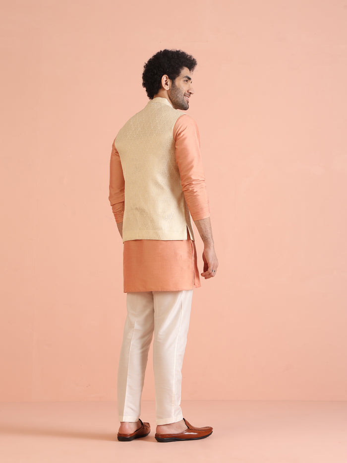 Cream Silk Blend Jacquard Nehru Jacket