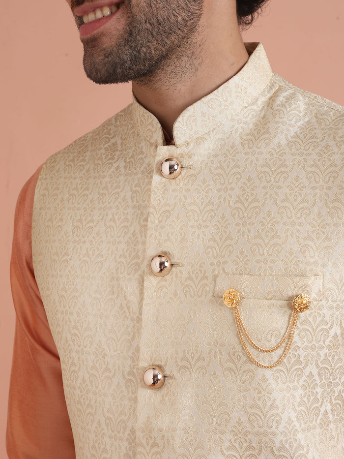 Cream Silk Blend Jacquard Nehru Jacket