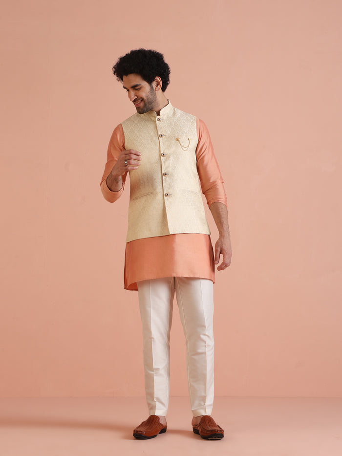 Cream Silk Blend Jacquard Nehru Jacket