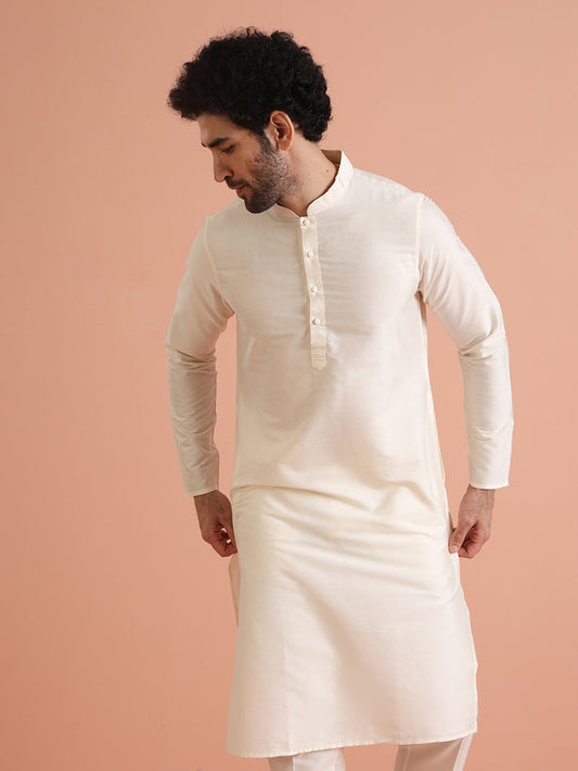 Cream Silk Blend Solid Long Kurta