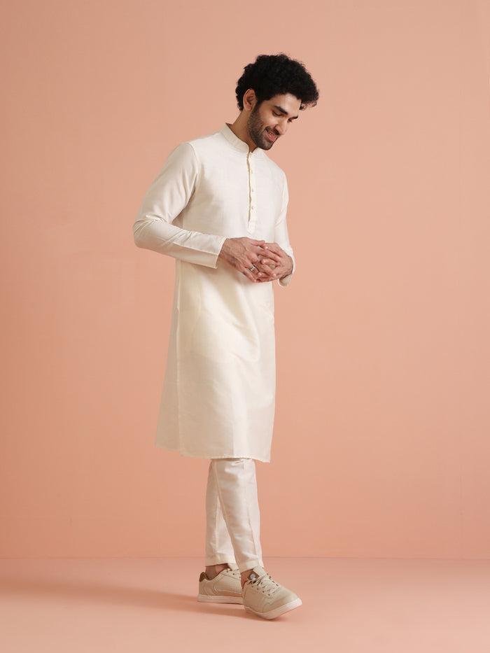 Cream Silk Blend Solid Long Kurta