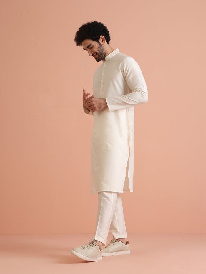 Cream Silk Blend Solid Long Kurta