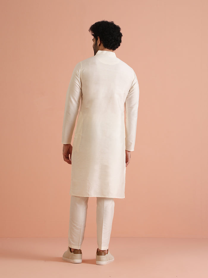Cream Silk Blend Solid Long Kurta