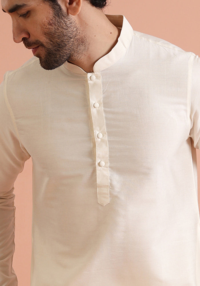 Cream Silk Blend Solid Long Kurta