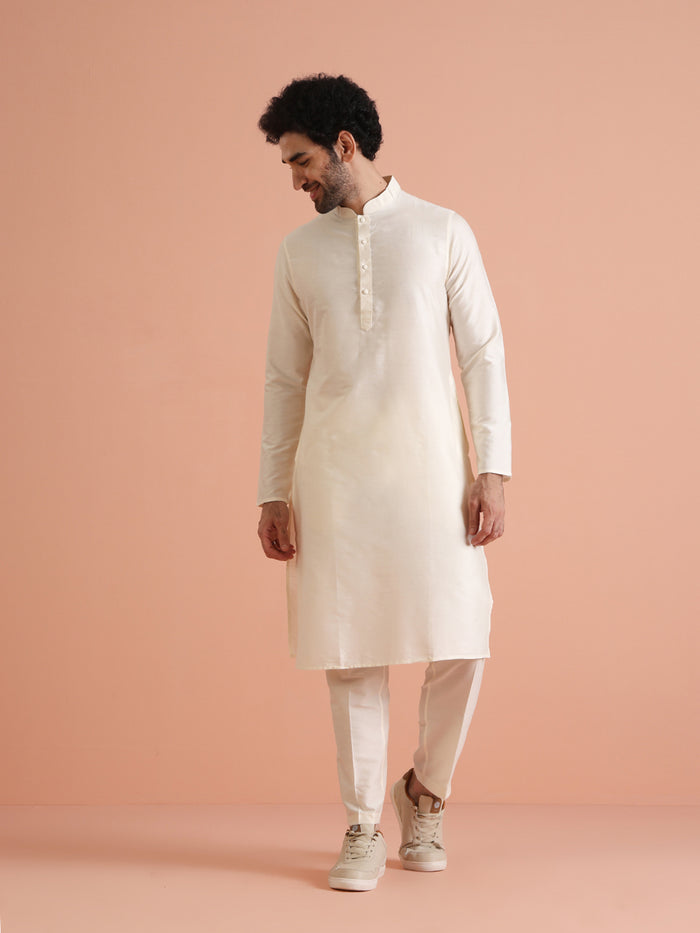 Cream Silk Blend Solid Long Kurta