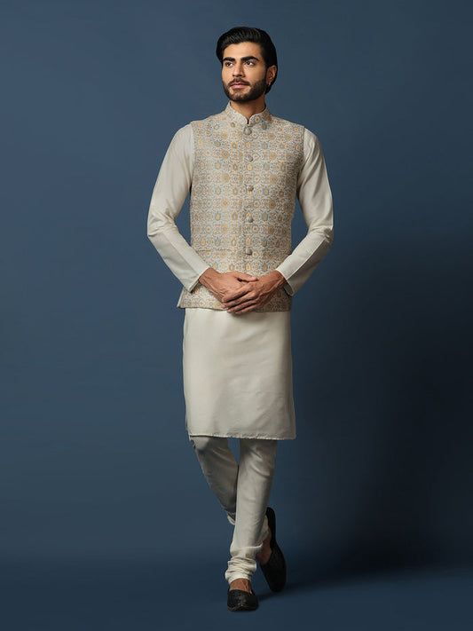Cream Silk Blend Textured Nehru Jacket Kurta Churidar
