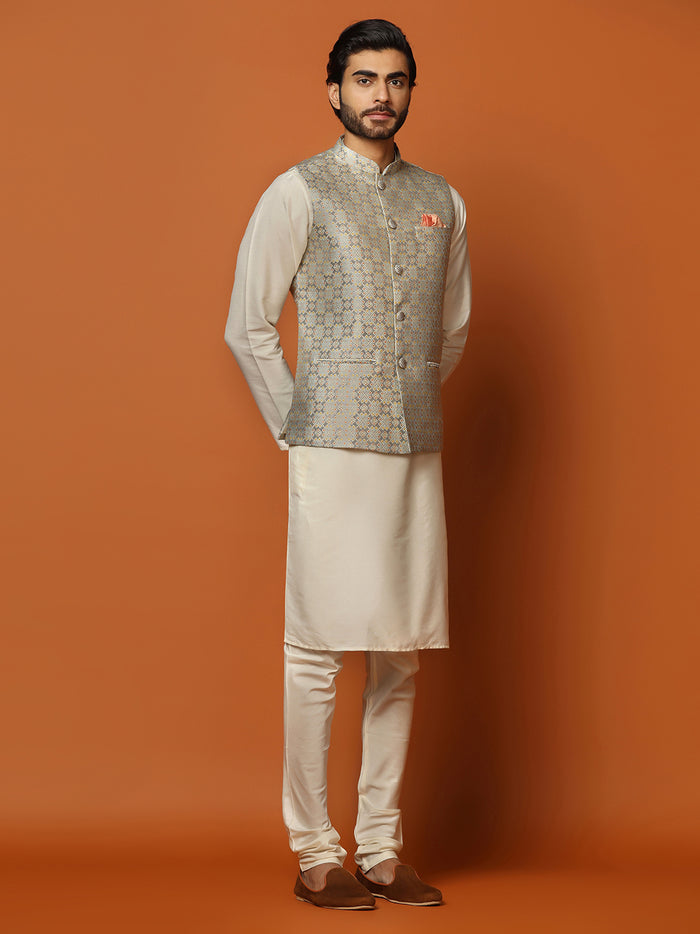 Cream Silk Blend Textured Nehru Jacket Kurta Churidar