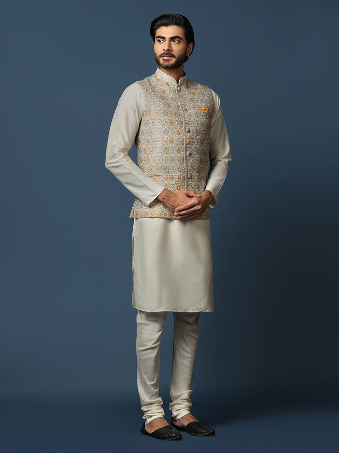 Cream Silk Blend Textured Nehru Jacket Kurta Churidar