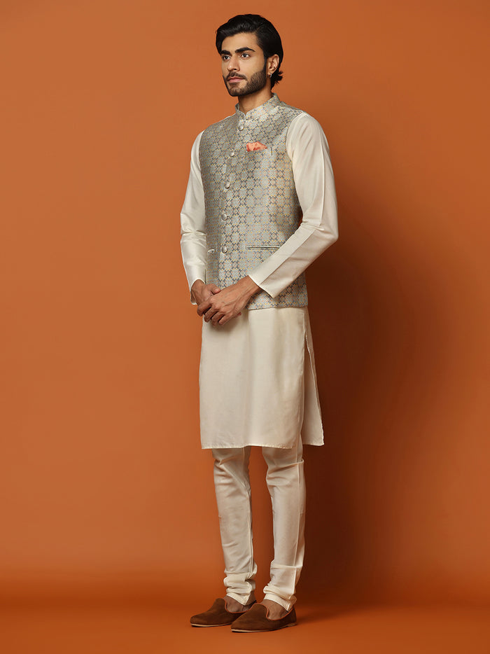 Cream Silk Blend Textured Nehru Jacket Kurta Churidar