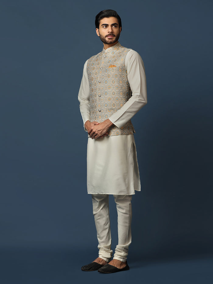 Cream Silk Blend Textured Nehru Jacket Kurta Churidar