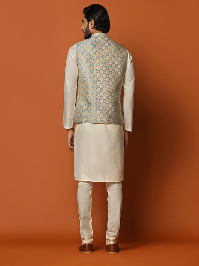 Cream Silk Blend Textured Nehru Jacket Kurta Churidar