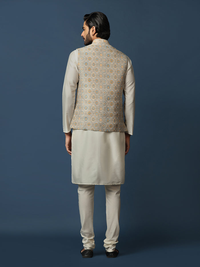 Cream Silk Blend Textured Nehru Jacket Kurta Churidar