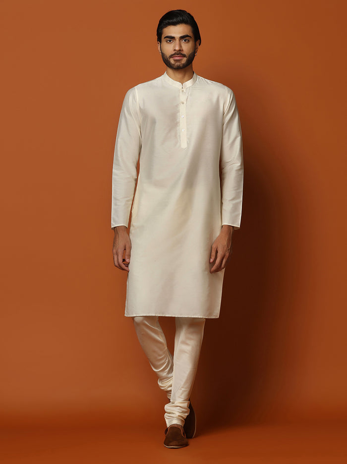 Cream Silk Blend Textured Nehru Jacket Kurta Churidar