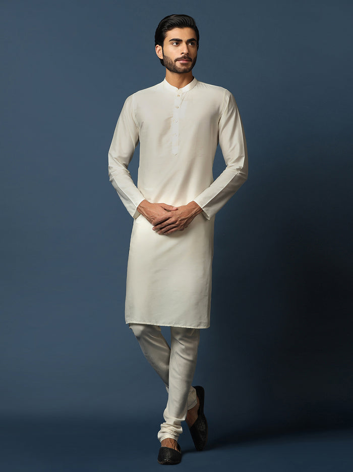 Cream Silk Blend Textured Nehru Jacket Kurta Churidar
