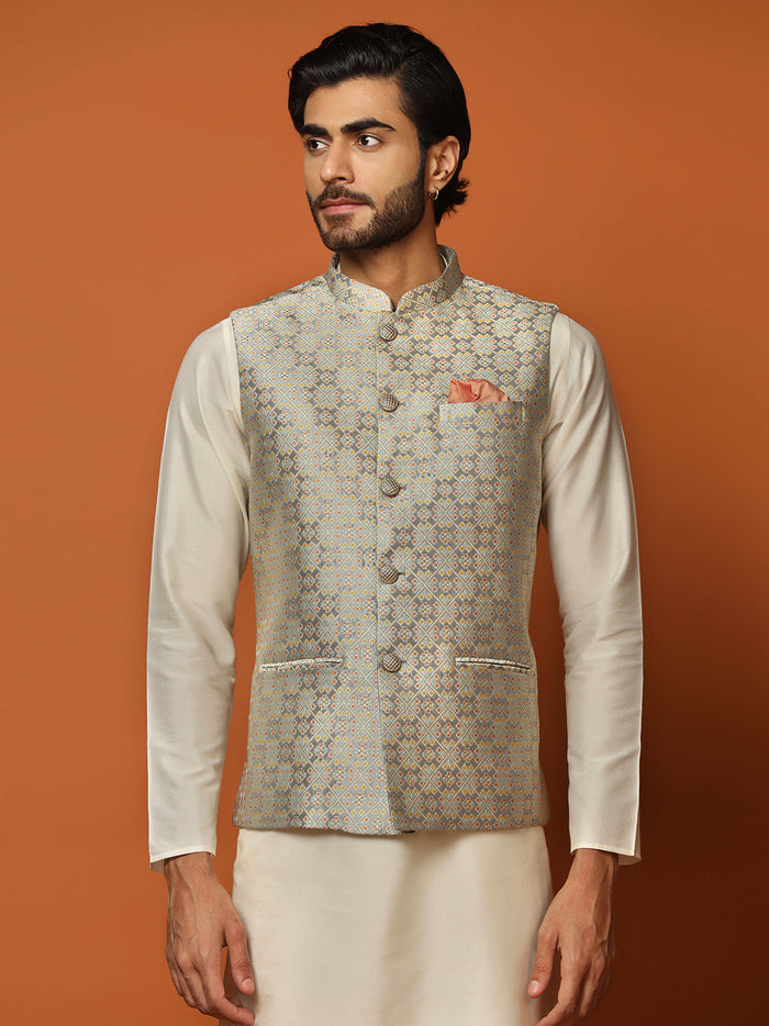Cream Silk Blend Textured Nehru Jacket Kurta Churidar