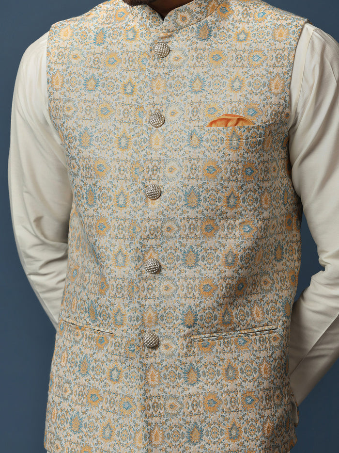 Cream Silk Blend Textured Nehru Jacket Kurta Churidar