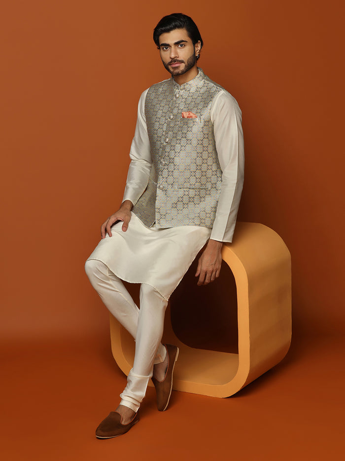 Cream Silk Blend Textured Nehru Jacket Kurta Churidar