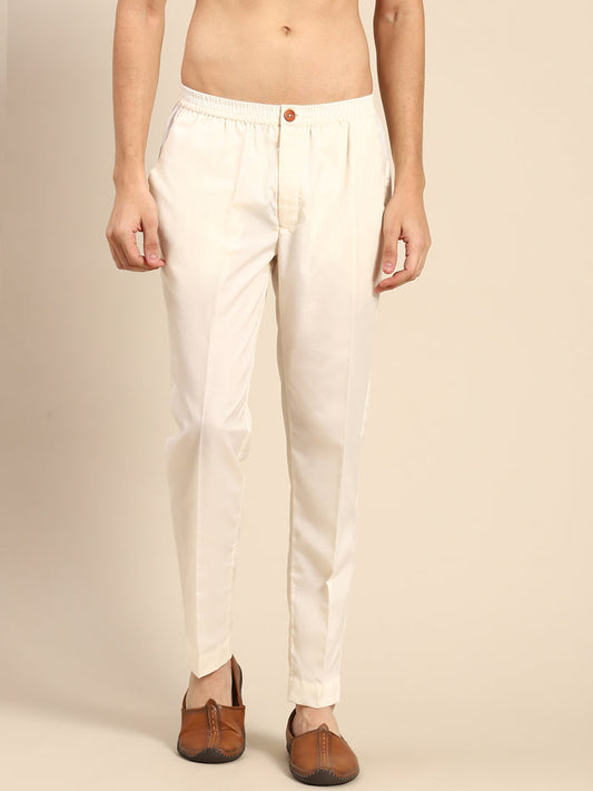 Cream Solid Cotton Blend Trouser