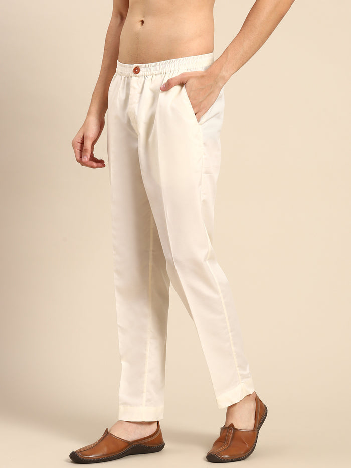 Cream Solid Cotton Blend Trouser