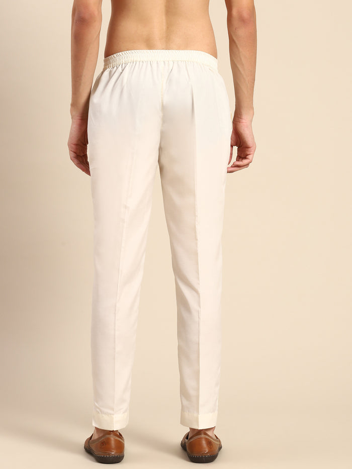 Cream Solid Cotton Blend Trouser
