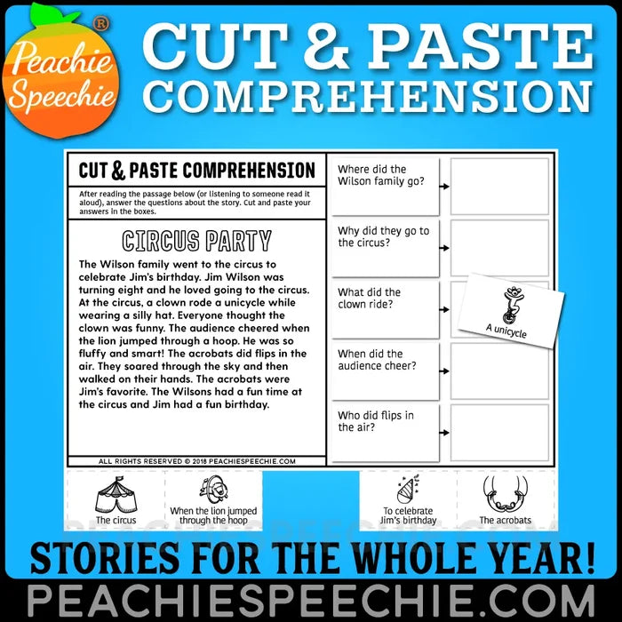 Cut and Paste Comprehension Stories for the WHOLE YEAR - Materials peachiespeechie.com