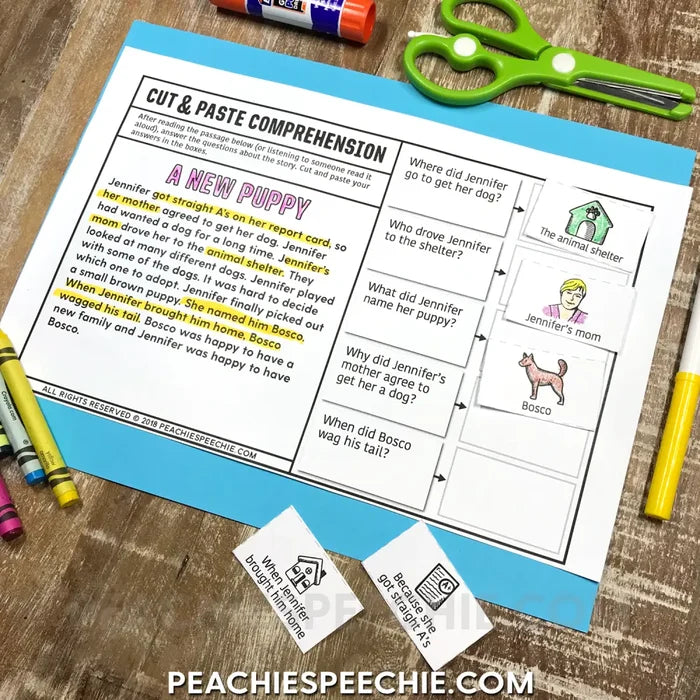 Cut and Paste Comprehension Stories for the WHOLE YEAR - Materials peachiespeechie.com