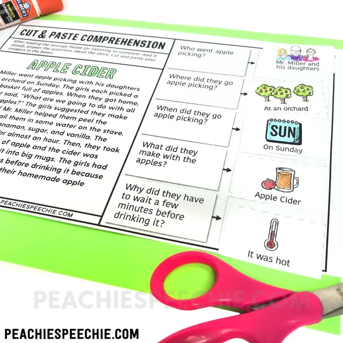 Cut and Paste Comprehension Stories for the WHOLE YEAR - Materials peachiespeechie.com
