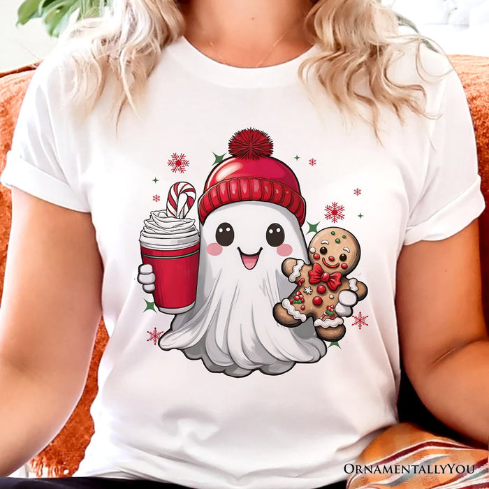 Cute Ghost Christmas T‑Shirt, Adorable Gingerbread and Cocoa Holiday Tee T-Shirts OrnamentallyYou