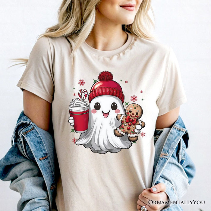 Cute Ghost Christmas T‑Shirt, Adorable Gingerbread and Cocoa Holiday Tee T-Shirts OrnamentallyYou
