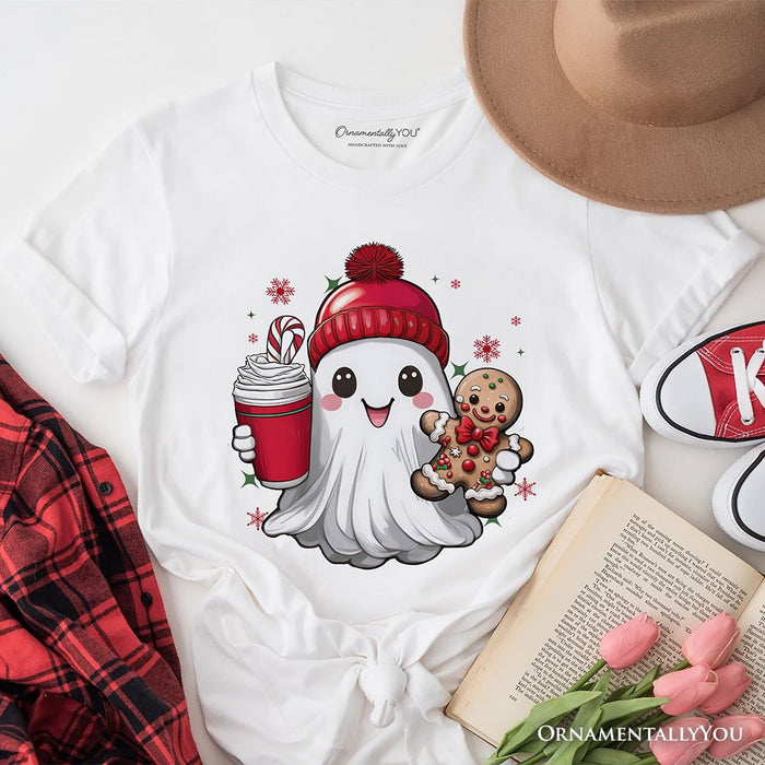 Cute Ghost Christmas T‑Shirt, Adorable Gingerbread and Cocoa Holiday Tee T-Shirts OrnamentallyYou White XS
