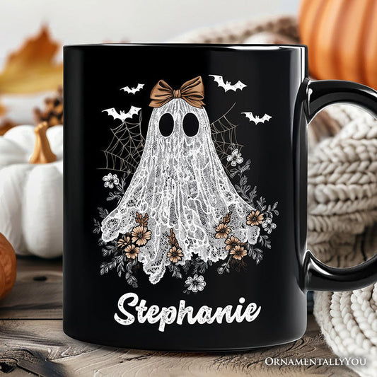 Cute Lace Ghost Coquette Pesonalized Mug, Floral Vintage Halloween Gift with Custom Name Personalized Ceramic Mug OrnamentallyYou Black Customized