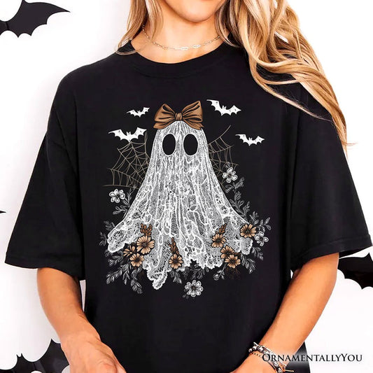 Cute Lace Ghost Coquette T-Shirt, Floral Vintage Halloween Tee T-Shirts OrnamentallyYou