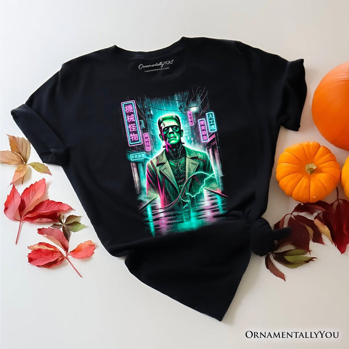 Cyberpunk Frankenstein T‑Shirt, Neon Halloween Monster Tee T-Shirts OrnamentallyYou Black XS