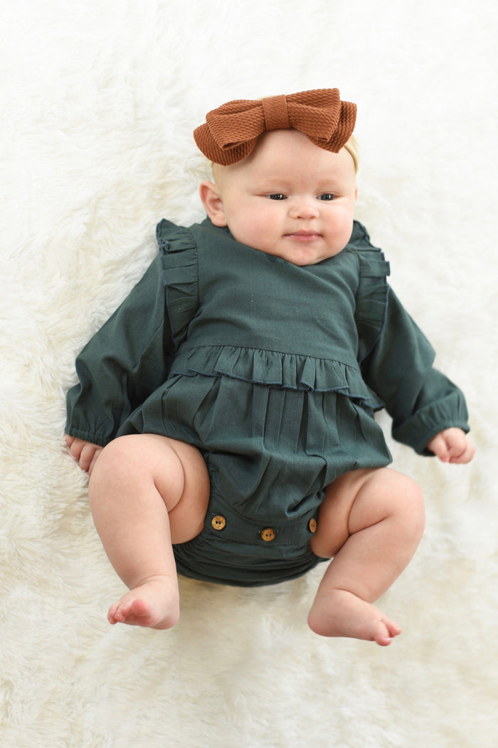Teal Full-Sleeves Ruffles Infant Romper Dress Yo Baby Wholesale