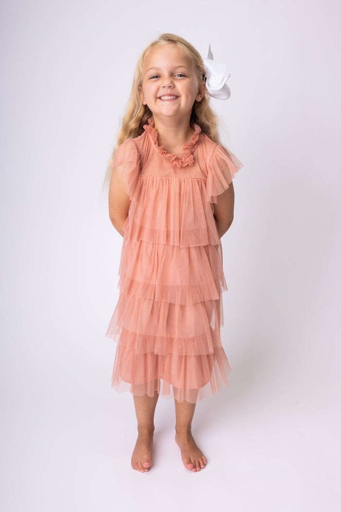 Dark Pink Tulle Solid Color Neck & Sleeve Ruffled Tiered Dress dress & diaper cover, DRESS Yo Baby India