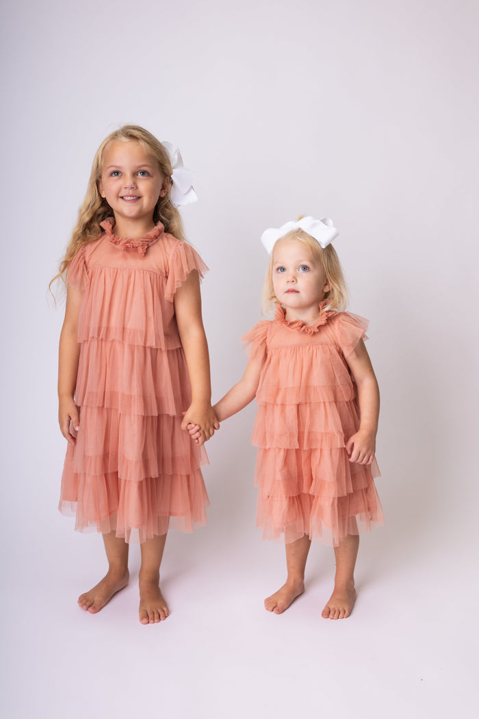 Dark Pink Tulle Solid Color Neck & Sleeve Ruffled Tiered Dress dress & diaper cover, DRESS Yo Baby India