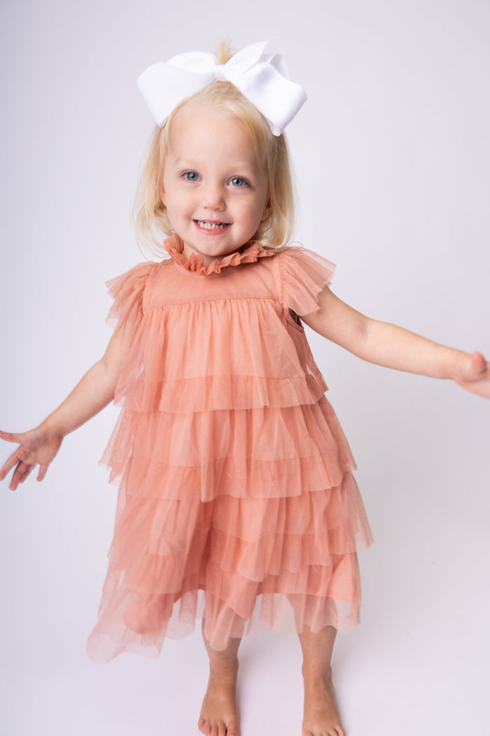 Dark Pink Tulle Solid Color Neck & Sleeve Ruffled Tiered Dress dress & diaper cover, DRESS Yo Baby India