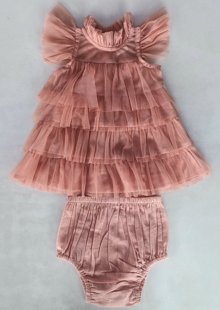 Dark Pink Tulle Solid Color Neck & Sleeve Ruffled Tiered Dress dress & diaper cover, DRESS Yo Baby India