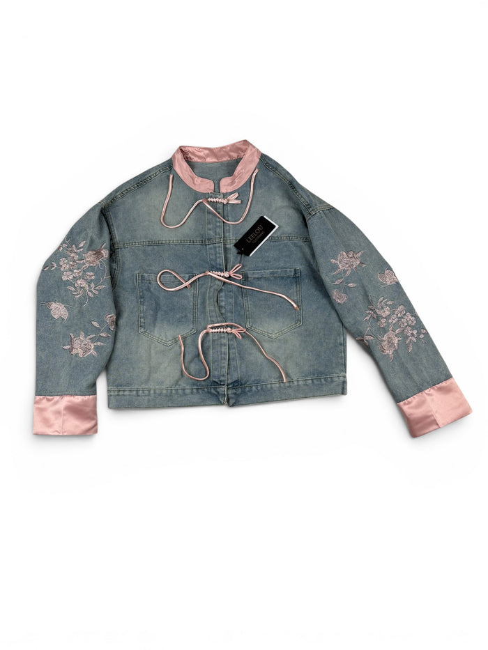 Denim Floral Tie Front Jacket