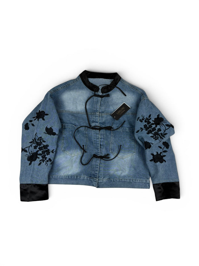 Denim Floral Tie Front Jacket