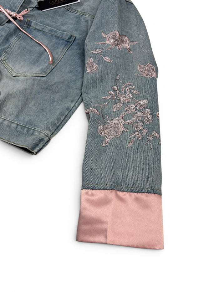 Denim Floral Tie Front Jacket