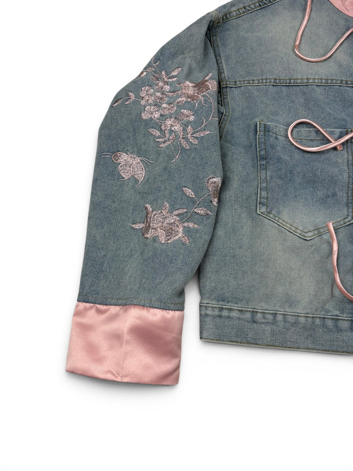 Denim Floral Tie Front Jacket