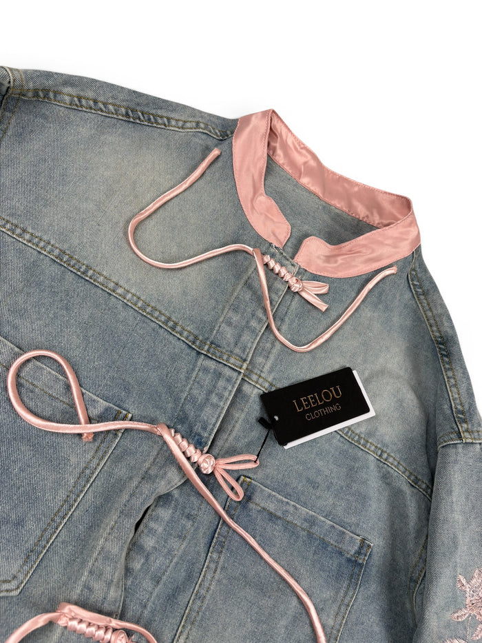 Denim Floral Tie Front Jacket