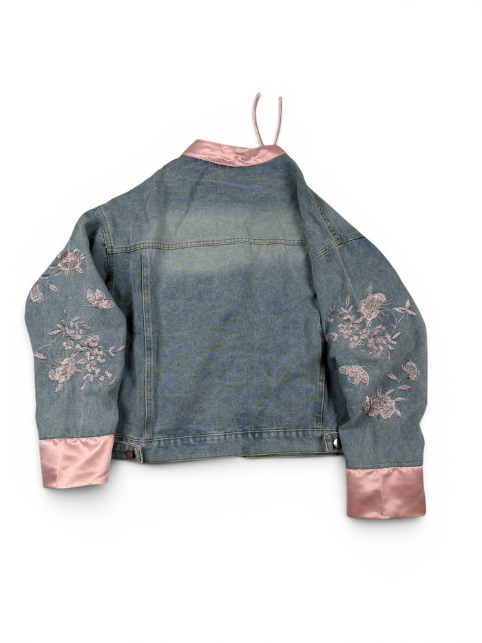 Denim Floral Tie Front Jacket