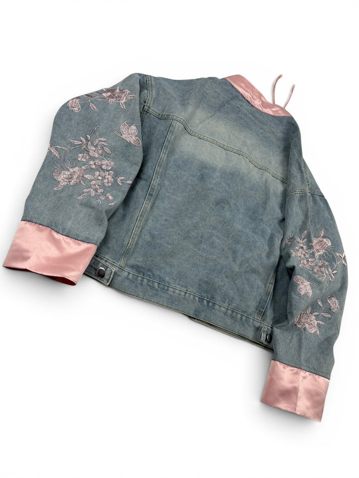 Denim Floral Tie Front Jacket