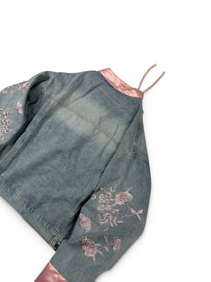 Denim Floral Tie Front Jacket