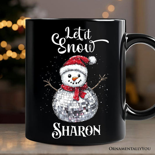 Disco Snowman Christmas Personalized Mug, Retro Holiday Gift with Custom Name for Dancers Personalized Ceramic Mug OrnamentallyYou Black Customized